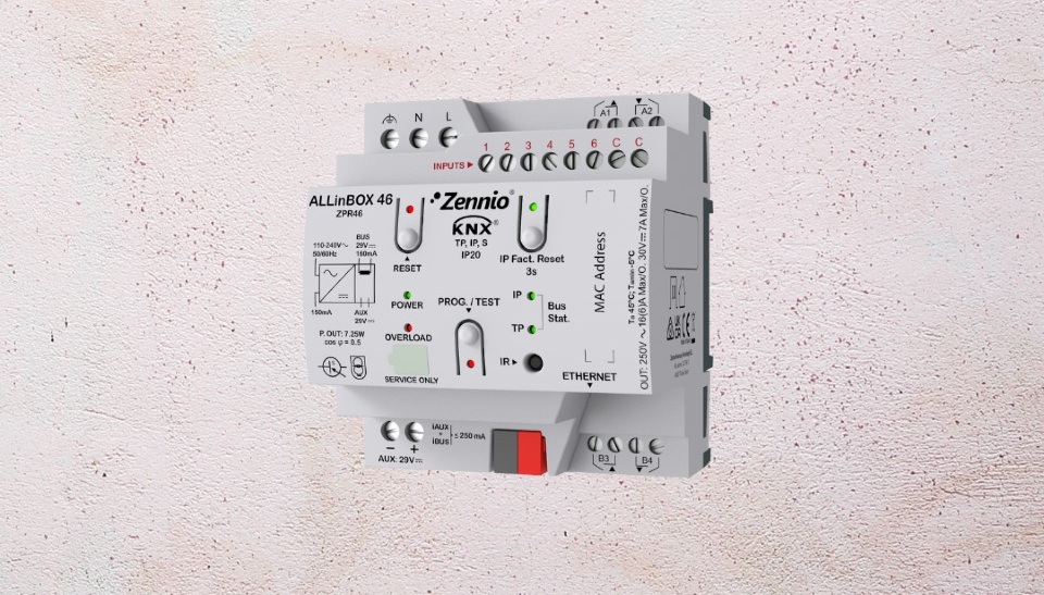 ALLinBOX 46 de la Zennio este un actuator multifuncțional ce aduce toate funcțiile esențiale KNX într-un singur modul de doar 4,5 DIN.